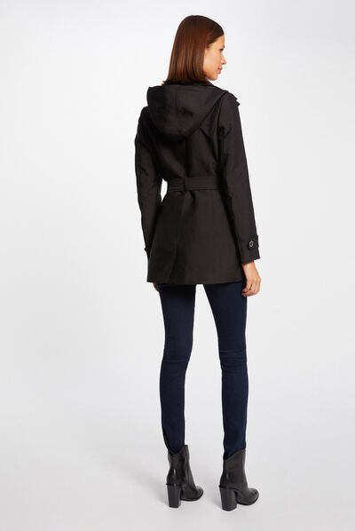 Straight belted trenchcoat with hood black ladies'