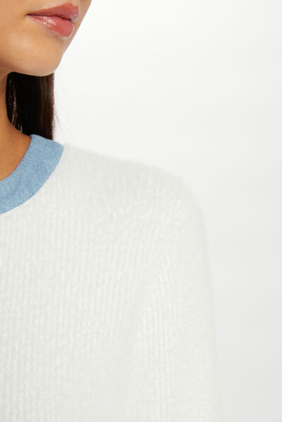 Long-sleeved cardigan with denim details ecru ladies'