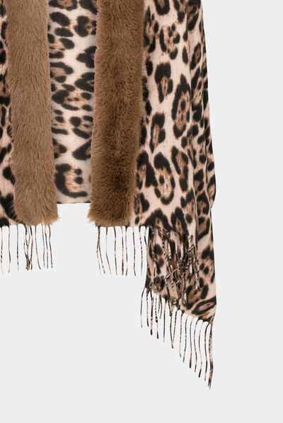 Poncho with fringes and leopard print chestnut brown ladies'