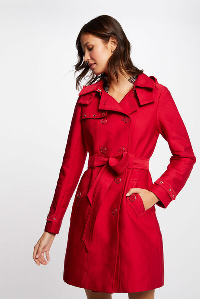 Straight belted trenchcoat with hood red ladies'