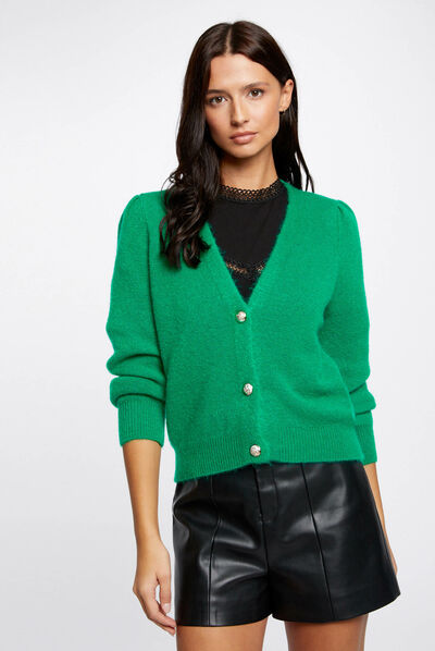 Long-sleeved cardigan with V-neck mid-green ladies'