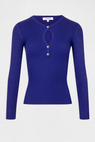 Long-sleeved jumper with opening mid blue ladies'