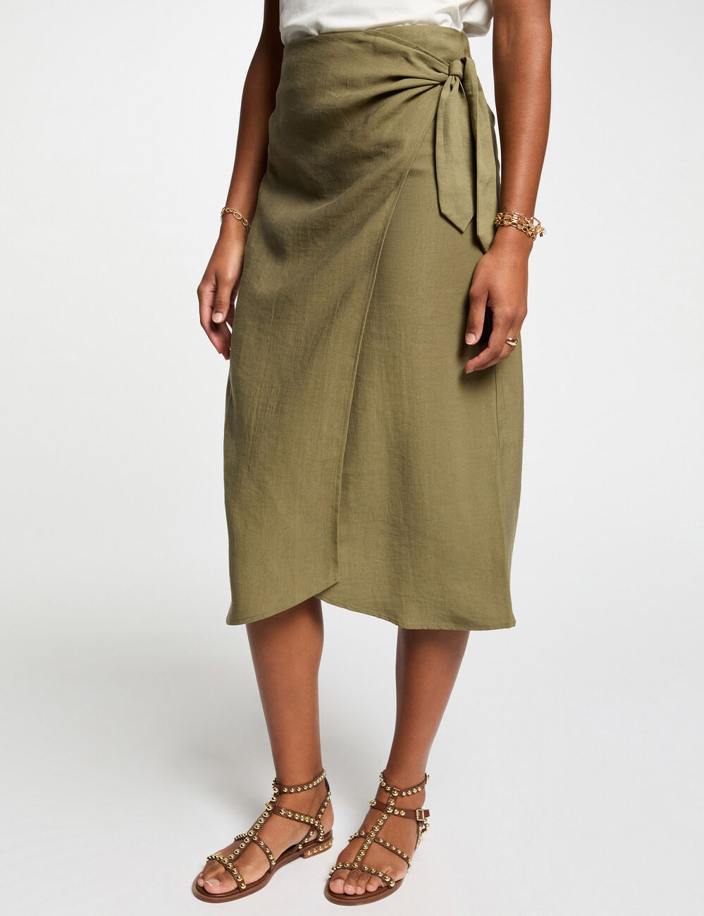 Jupe midi portefeuille vert kaki femme