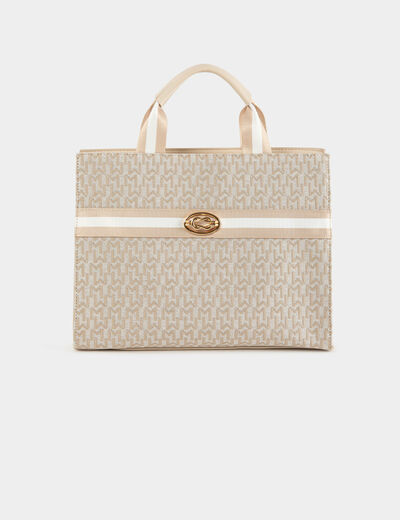 Shopper bag with monogram print beige ladies'