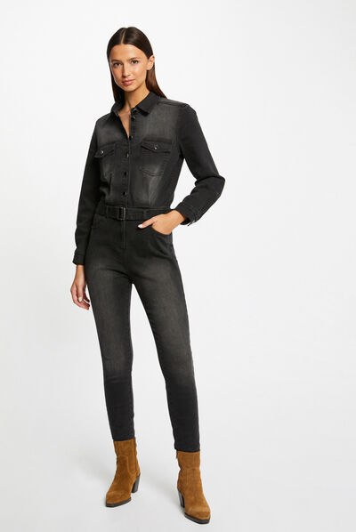 Fitted belted denim jumpsuit anthracite grey ladies'
