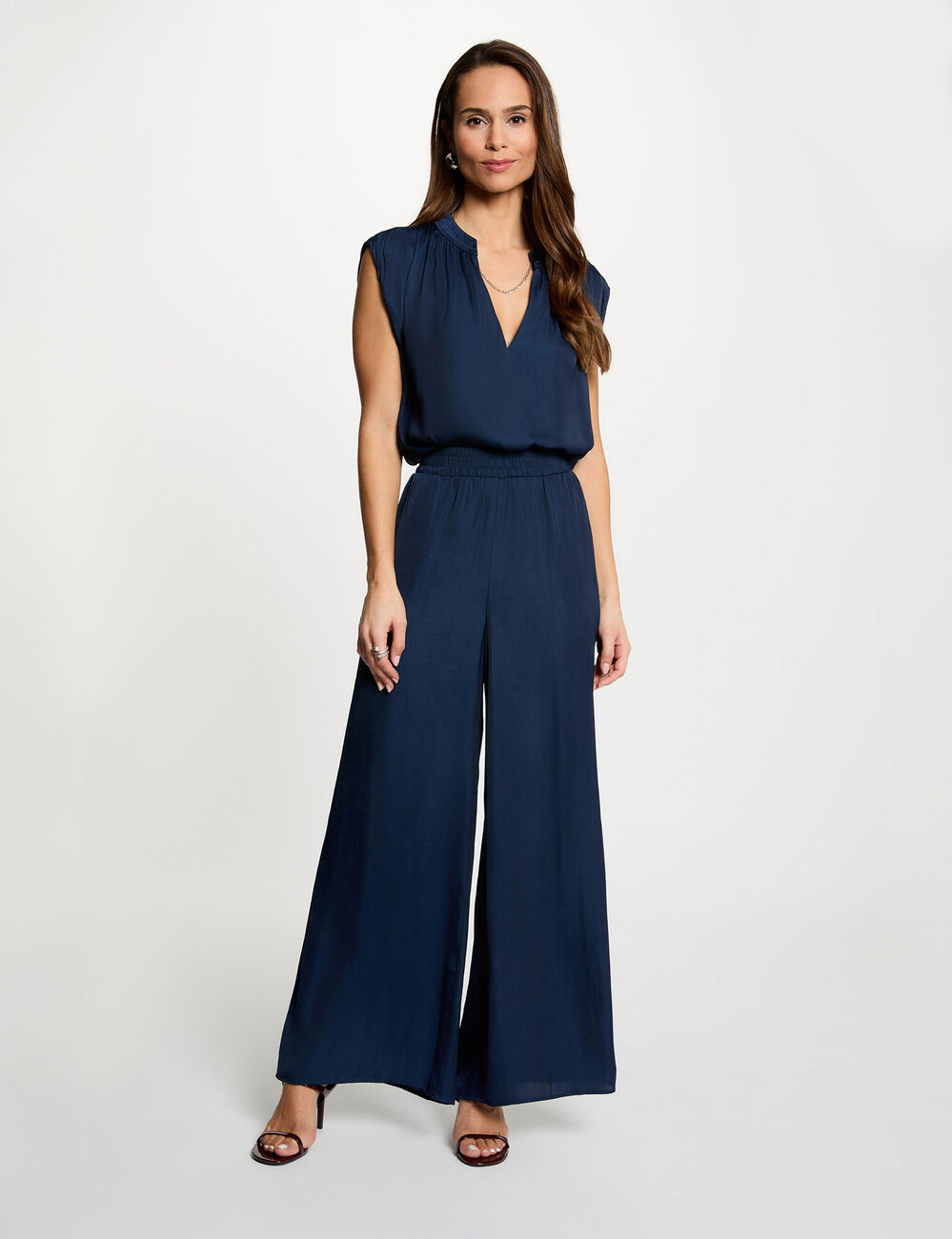 Satin short-sleeved blouse navy blue women