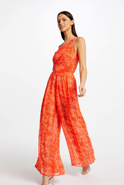 Wide leg jumpsuit leopard print caramel ladies'