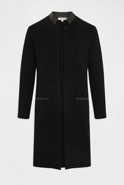 Long straight cardigan faux leather black ladies'