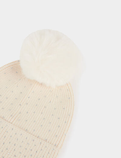 Beanie with rhinestones and pom-pom ivory women