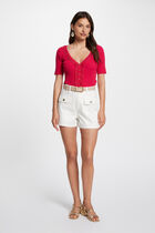 Jumper V-neck short sleeves raspberry women