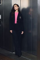 Striped straight blazer navy blue women