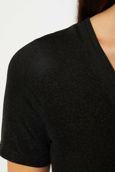 Short-sleeved t-shirt with V-neck black ladies'