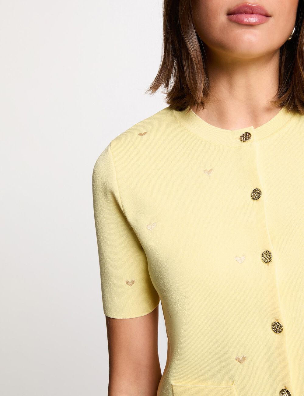 Short cardigan with round neck pastel yellow women