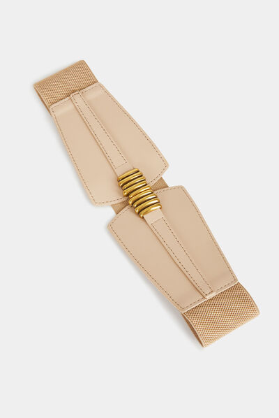 Elasticised belt with buckle with rings beige ladies'