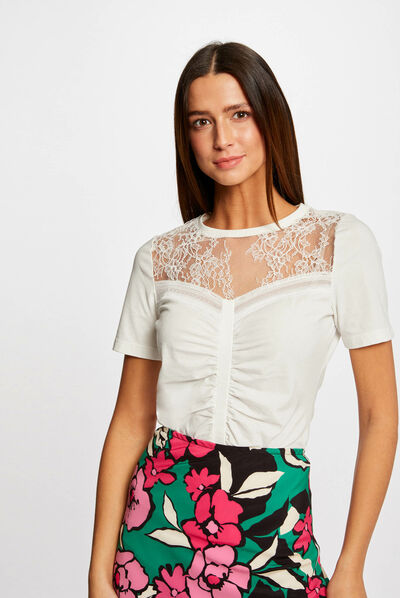 Short-sleeved t-shirt with lace ecru ladies'