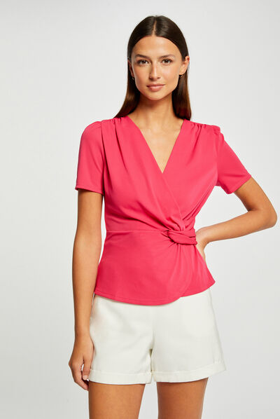 Short-sleeved t-shirt wrap-over neckline raspberry ladies'