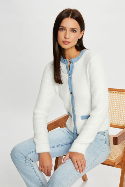 Long-sleeved cardigan with denim details ecru ladies'