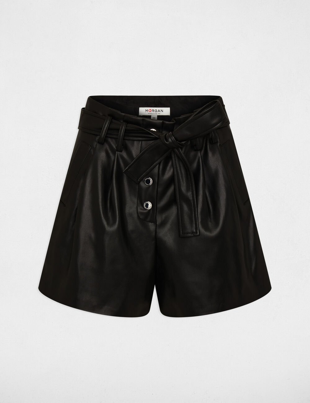 Faux leather paperbag shorts black women