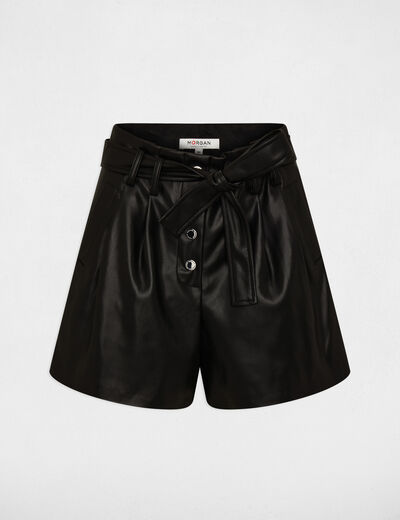 Faux leather paperbag shorts black women