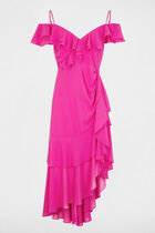 Straight midi dress ruffles raspberry pink women