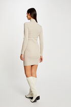 Knitted fitted dress with turtleneck sand women
