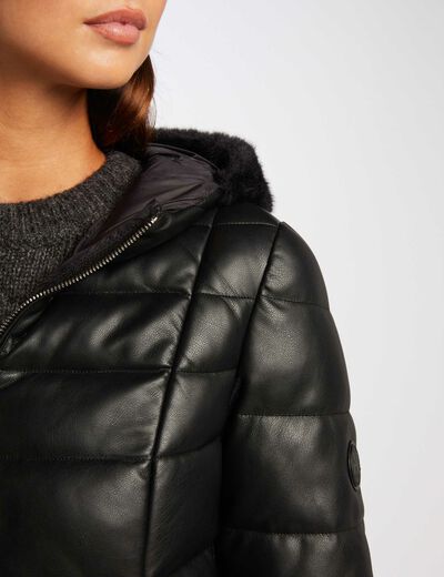 Waisted faux leather padded jacket black ladies'