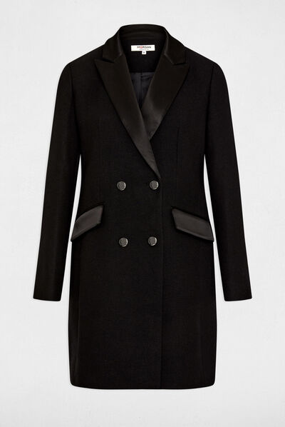 Long coat satin details black ladies'