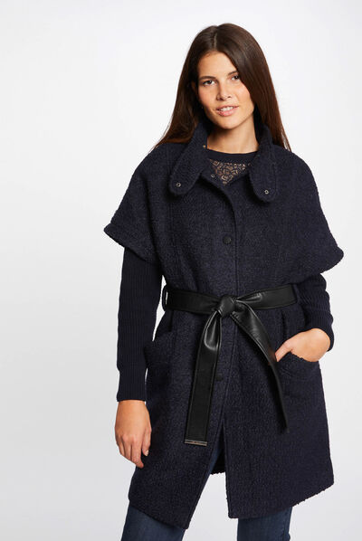 Straight belted coat with short sleeves navy ladies'