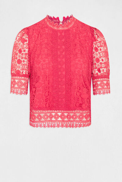 Short-sleeved blouse with lace medium pink ladies'