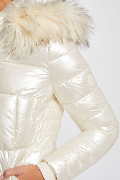 Metallised padded jacket with hood ivory ladies'