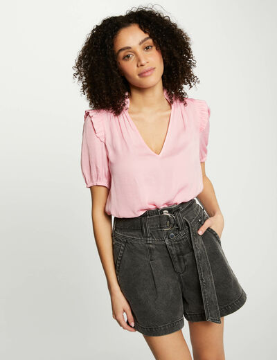 Blouse V-neck and ruffles medium pink women