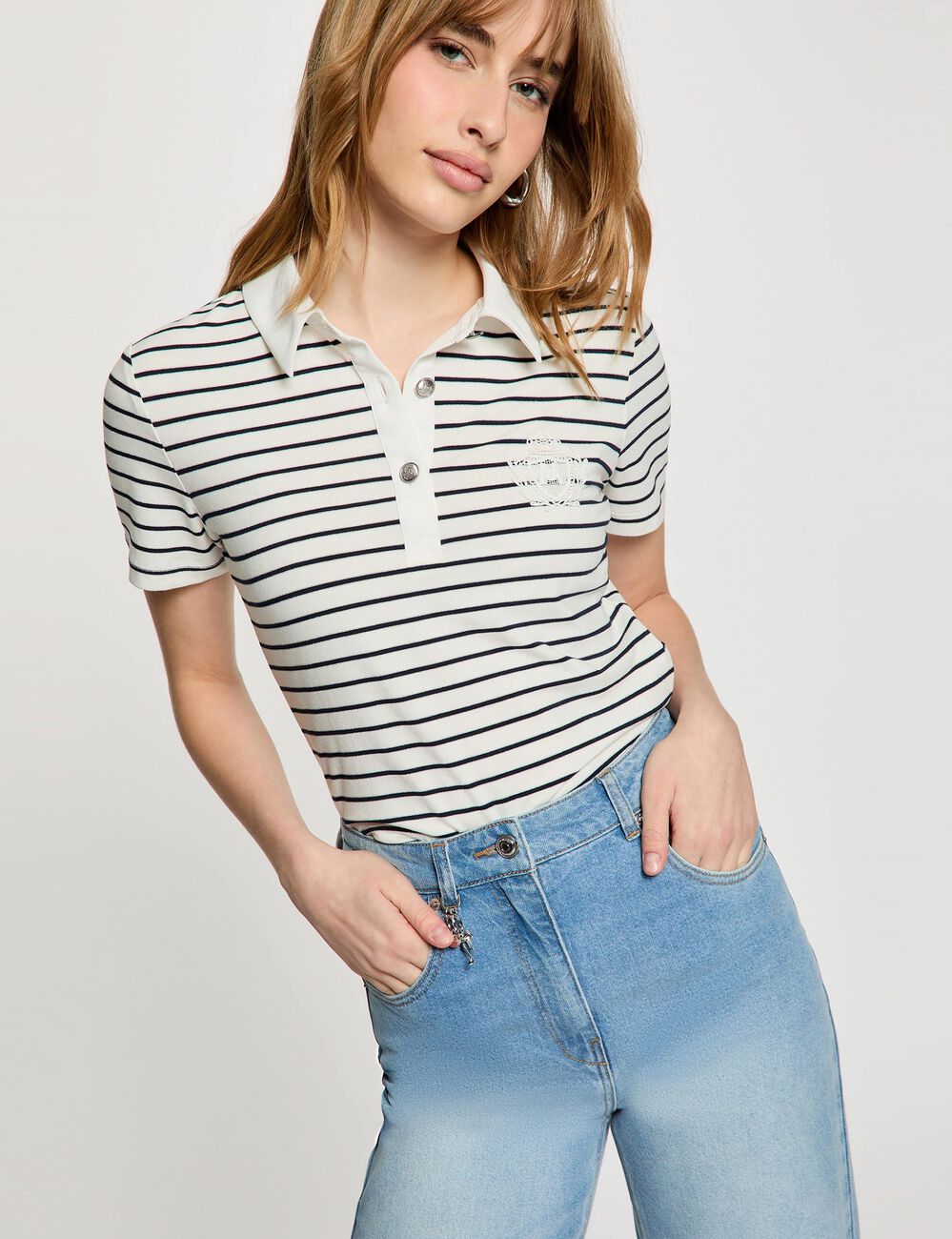 Striped top with polo collar white women