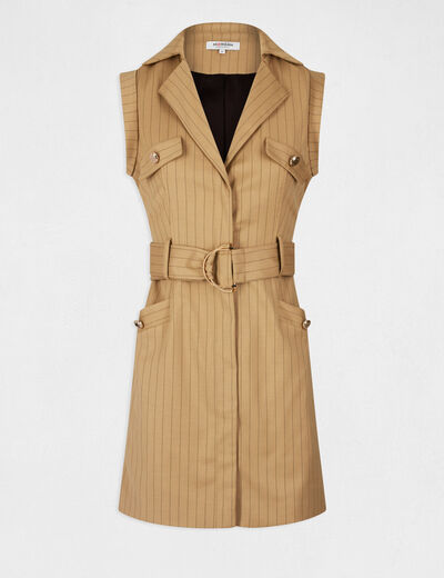 Straight belted dress with stripes sand ladies'