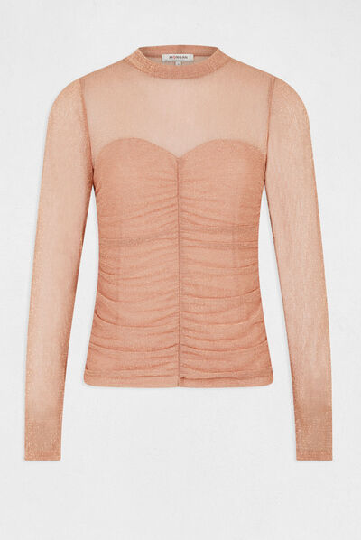 Long-sleeved t-shirt with shirring antique pink ladies'