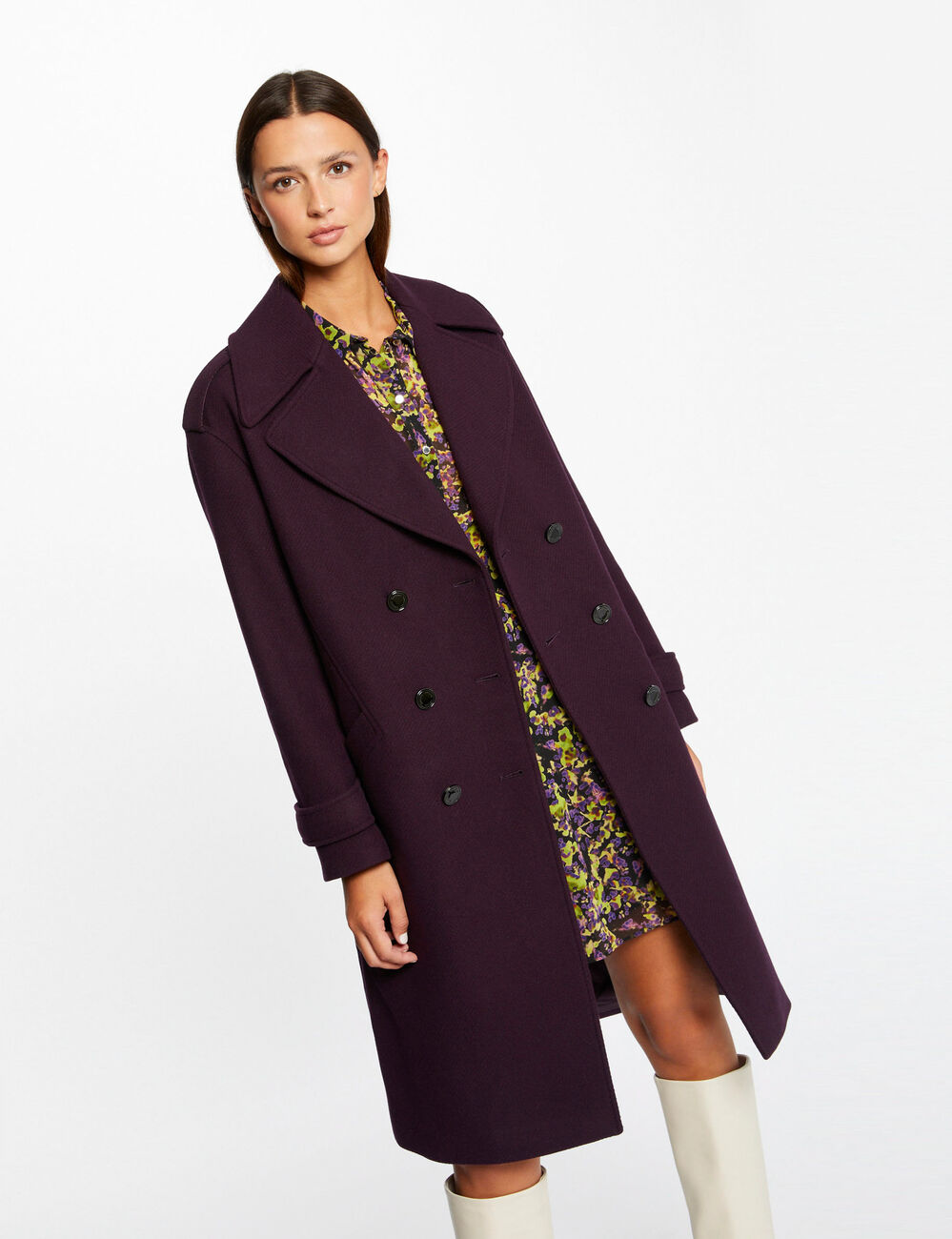 Long straight double breasted coat dark purple women