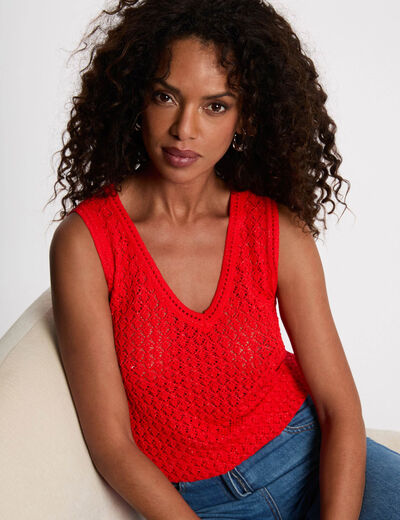Crochet top with v-neck bright red women