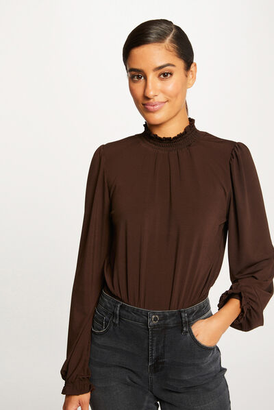 Long-sleeved t-shirt with high collar chestnut brown ladies'