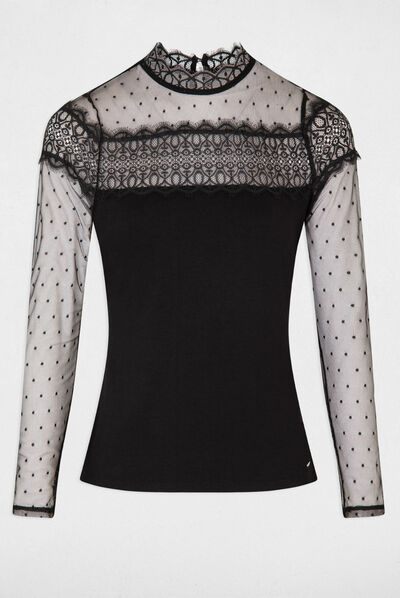 Long-sleeved t-shirt with lace black ladies'