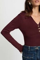 Pull ajusté col polo prune femme