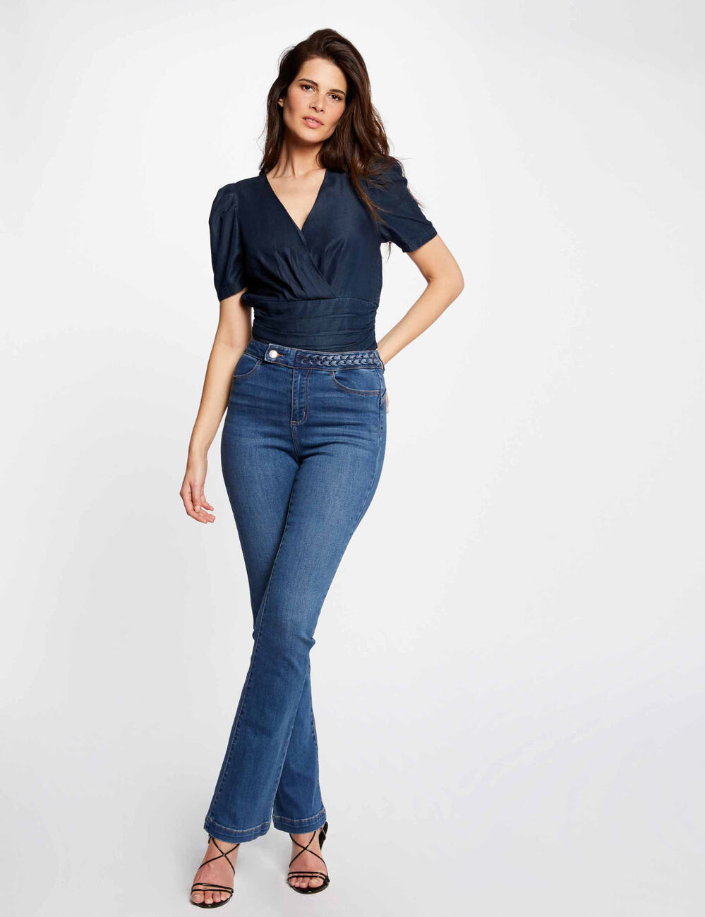 Straight jeans with braided details denim stone women