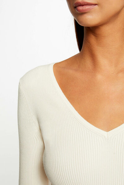 Long-sleeved ribbed jumper with V-neck ivory ladies'