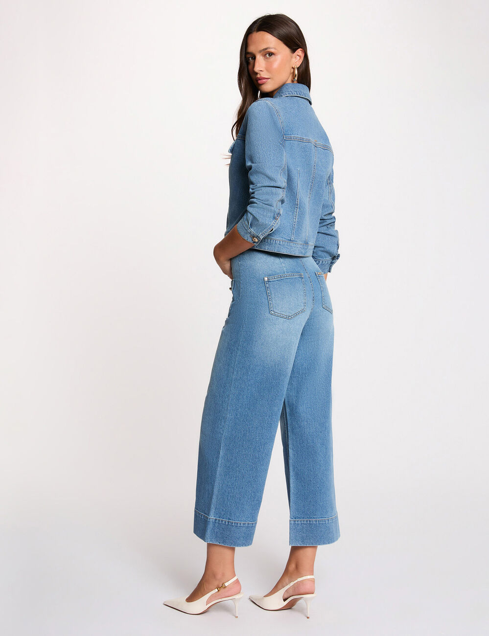 Wide-leg high-waisted jeans denim stone women
