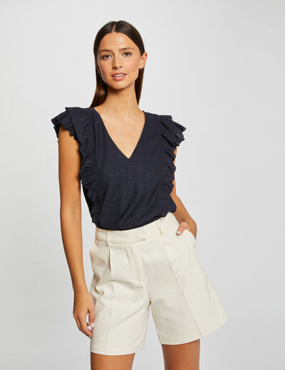Short-sleeved t-shirt with ruffles navy ladies'