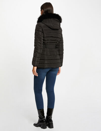 Belted waisted padded jacket with hood black ladies'