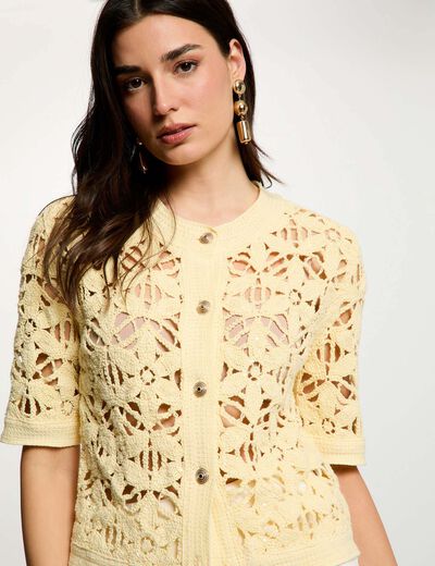 Crochet cardigan with round neck pastel yellow women