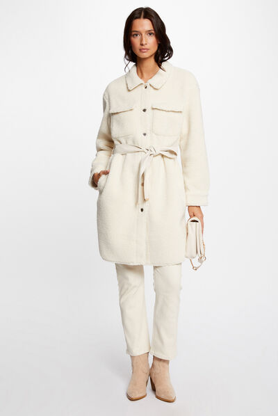 Faux fur straight coat ivory ladies'
