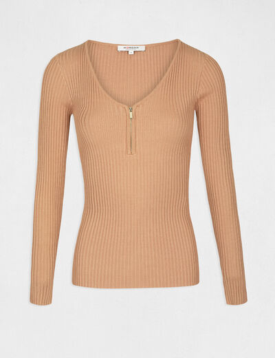 Long-sleeved jumper with ribbed knit camel women