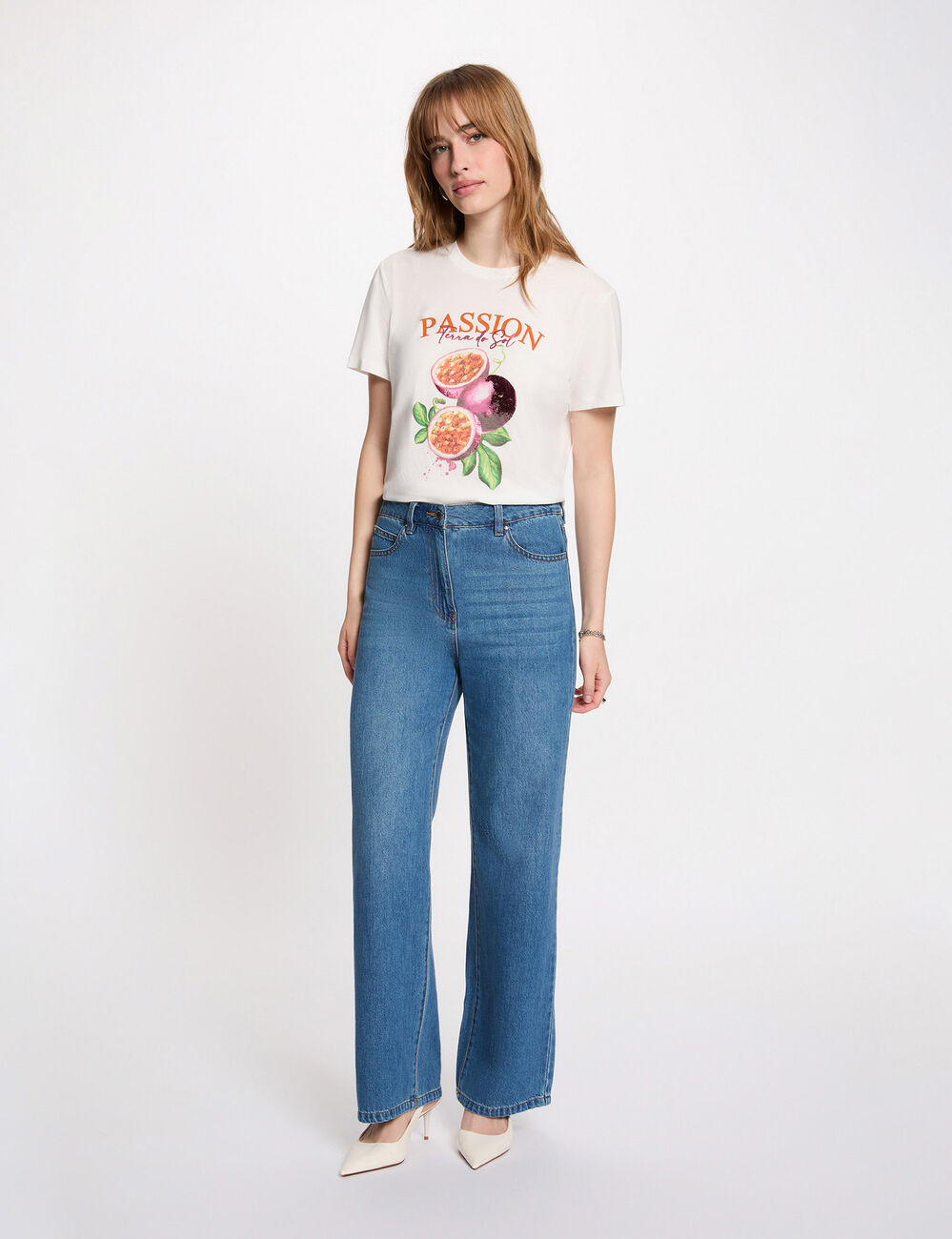 Printed t-shirt with round neck white women