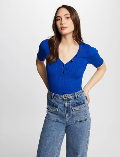 Jumper V-neck short sleeves electric blue women