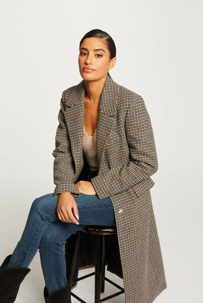 Straight buttoned printed coat chestnut brown ladies'